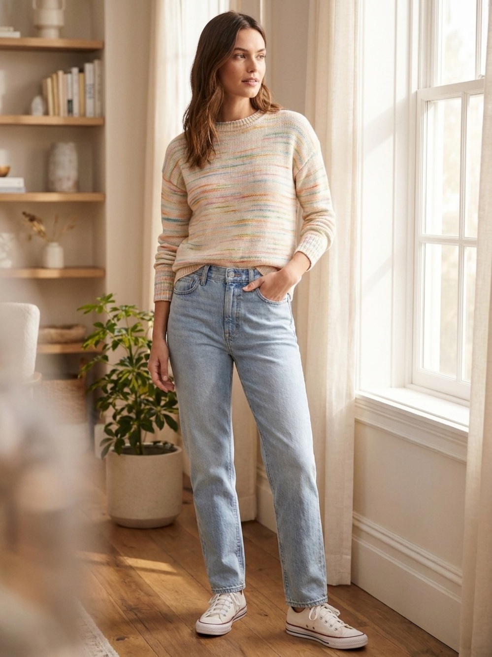 J. Crew Cream Crewneck Sweater with Pastel Rainbow Stripes